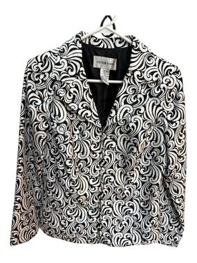 Victor Costa Beaded Scroll Print Black & White Blazer Jacket Size 10 Vintage